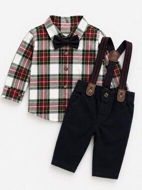 NWT Carter's Baby Boy 2 Piece Christmas Outfit Plaid Shirt Suspenders Holiday